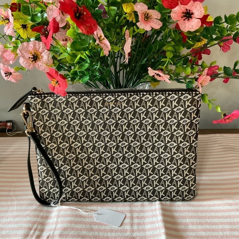 Anne Klein Black and Tan Geometric Clutch with Wristlet Strap